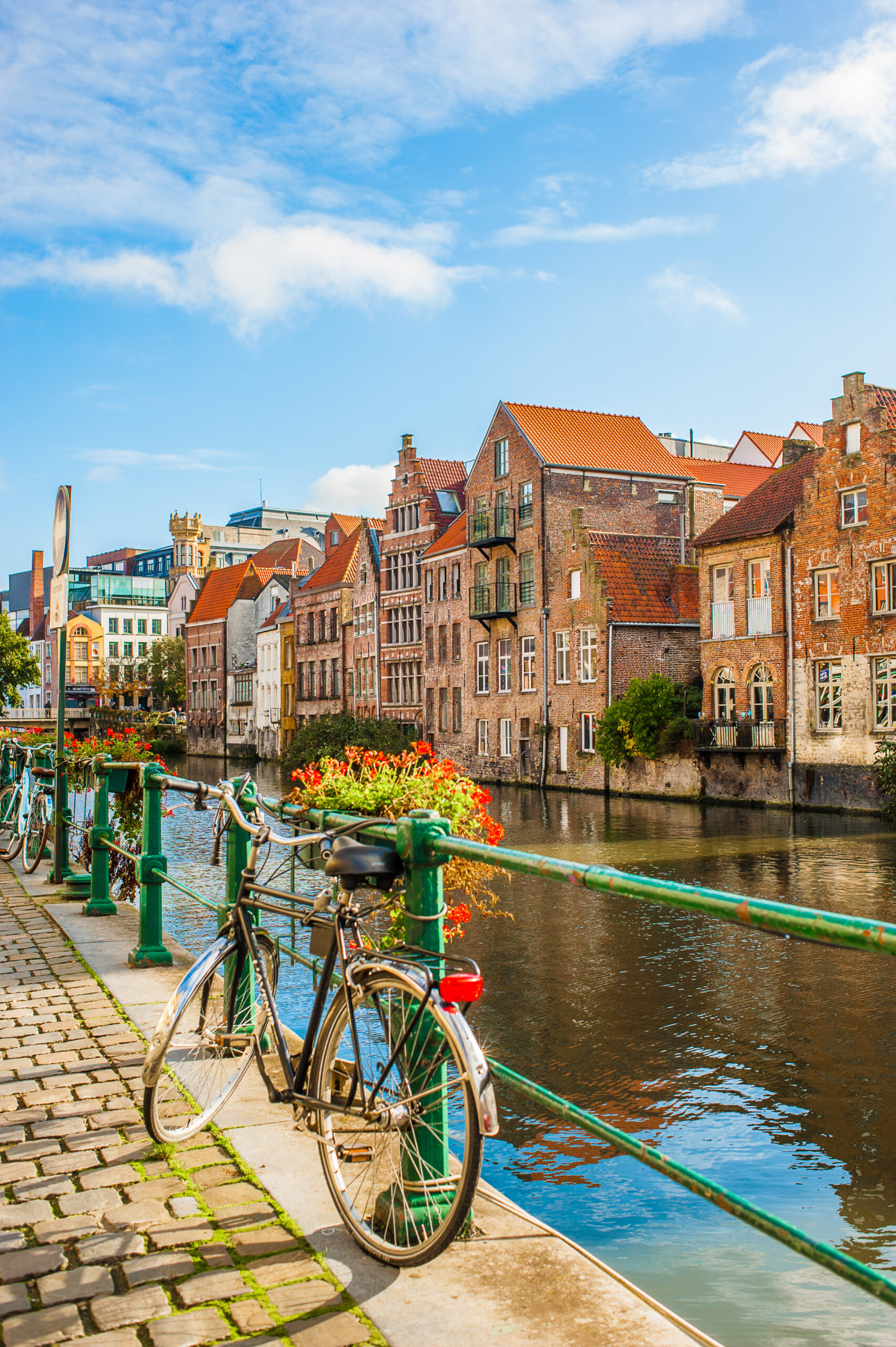 Vibrant street view of downtown Ghent, capital city of east Flanders province, Belgium along Leie river