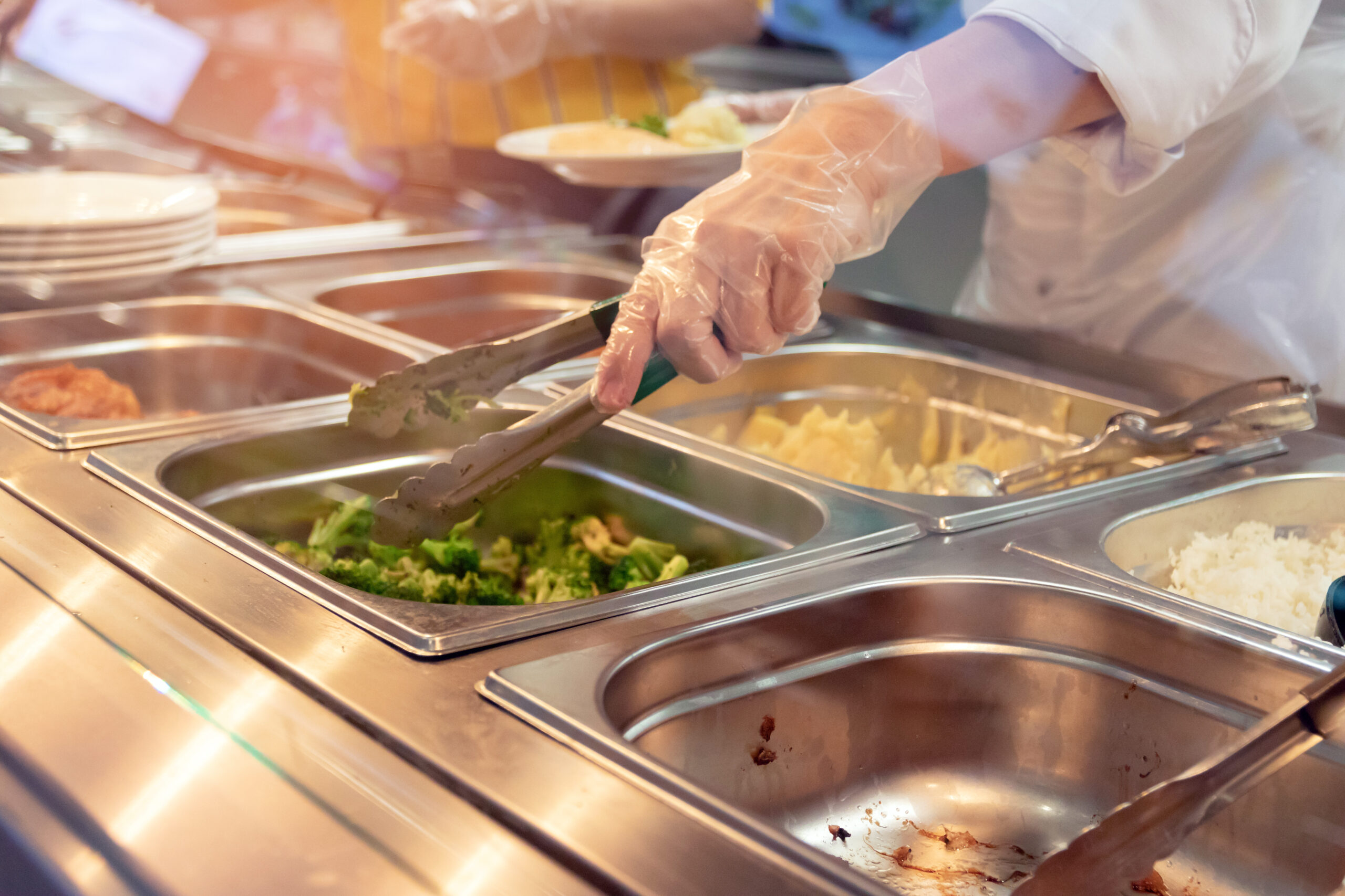 Chef standing behind full lunch service station with assortment